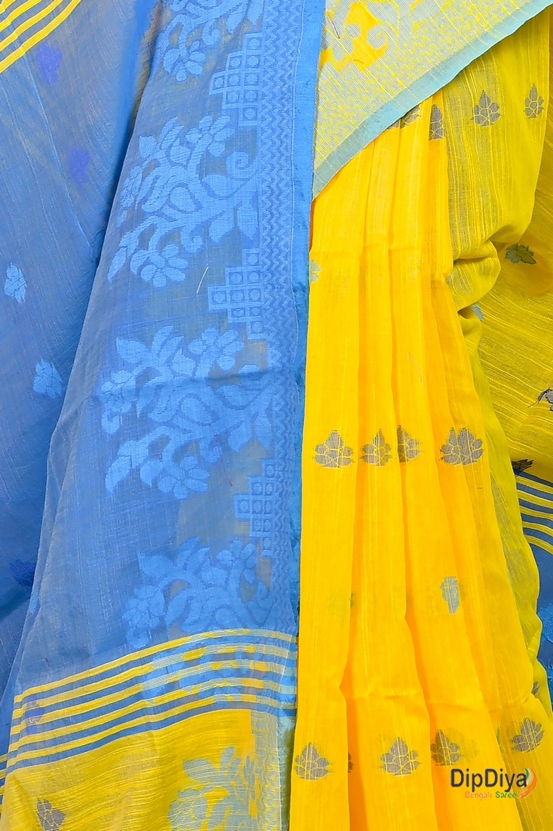 Yellow Blue Cotton Blended Parup Hand Loom Saree (556)